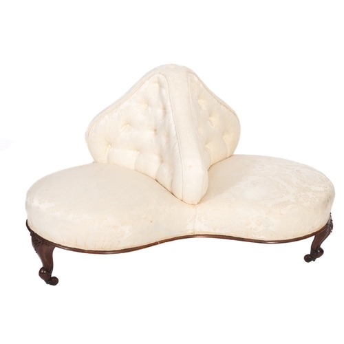 1010 - A Victorian button upholstered conversation seat, third quarter 19th century; with cream Damask styl... 