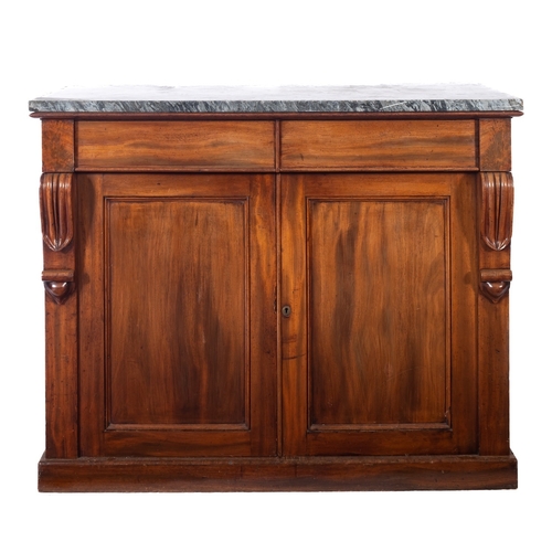 1017 - A Victorian mahogany rectangular low side cupboard, with a grey variegated marble top, fitted with t... 