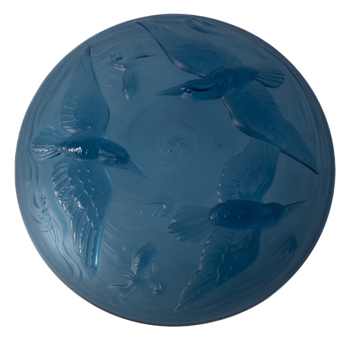 12 - A Verlys blue glass dish, of circular form the exterior moulded with Kingfishes and fish, embossed V... 