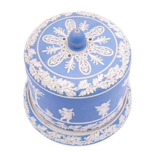 137 - A late 19th century blue and white jasperware cheese dome and stand and a pair of Wedgwood green and... 