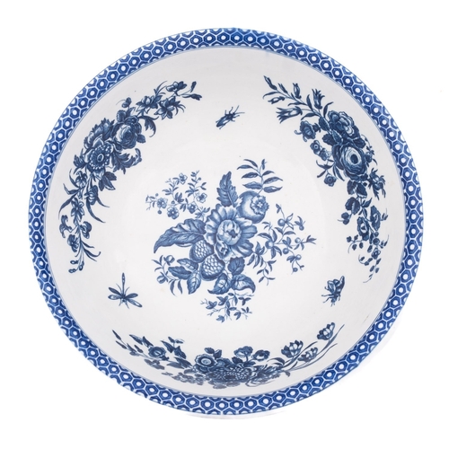 162 - A First Period Worcester blue and white wash basin: with turn- over rim, printed with 'The Pine Cone... 