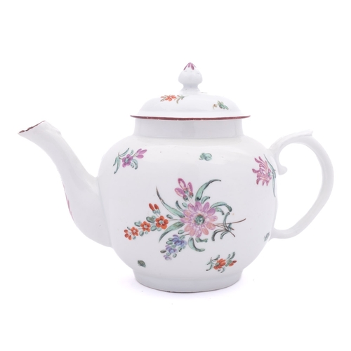 184 - A Champion's Bristol globular teapot and cover with bud finial and acanthus scroll handle, painted w... 