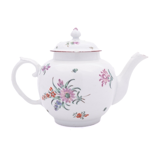 184 - A Champion's Bristol globular teapot and cover with bud finial and acanthus scroll handle, painted w... 