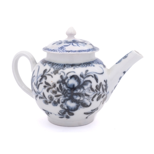 188 - A small Plymouth blue and white teapot and cover with bud finial, painted with peony sprays and lamb... 