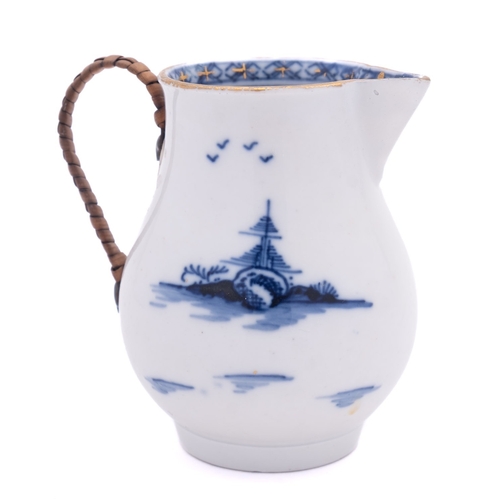 218 - A Cookworthy Bristol sparrowbeak creamjug decorated with Chinese landscape vignettes in underglaze b... 