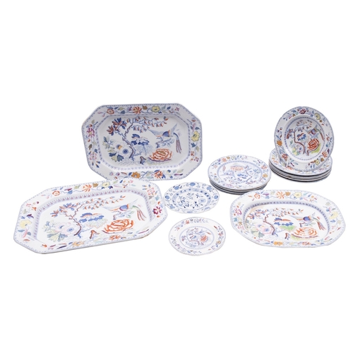 230 - Mason's Patent Ironstone, three graduated serving plates and thirteen various plates and dishes, eac... 