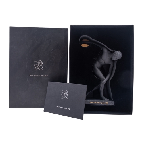 246 - A Wedgwood black basalt figure of the Discobolus, on a shaped rectangular base, caption in gold for ... 