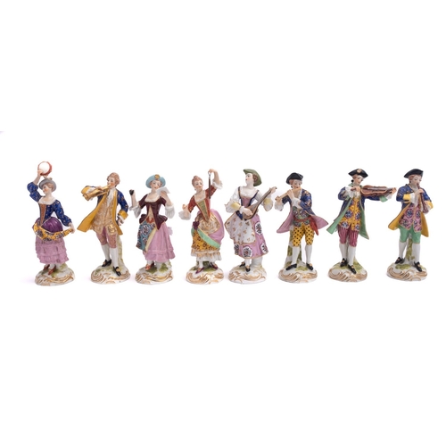 262 - A set of fifteen Continental figures of musicians in the Meissen manner wearing eighteenth century c... 