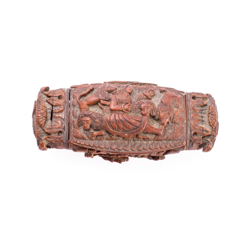 282 - A Continental treen snuff box carved in high relief with mythological figures, the hinged cover with... 