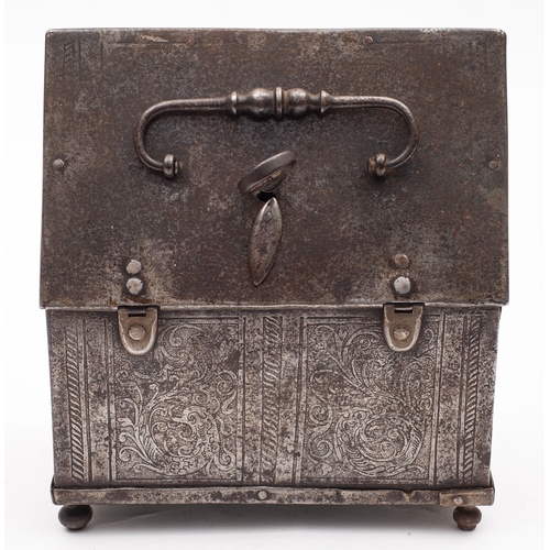 293 - A fine South German etched steel casket, probably Nuremberg, late 16th /early 17th century; the hing... 