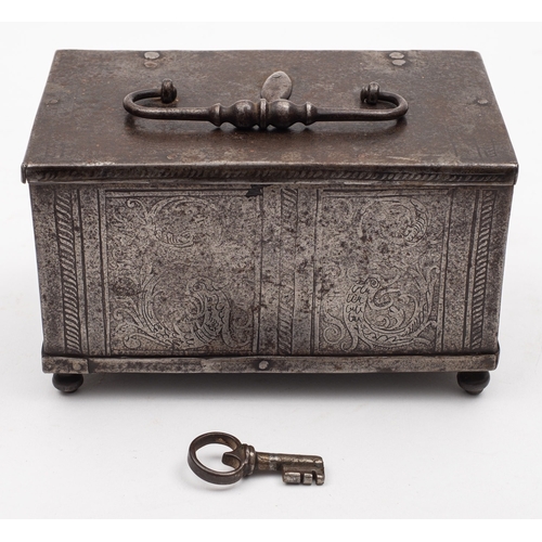 293 - A fine South German etched steel casket, probably Nuremberg, late 16th /early 17th century; the hing... 