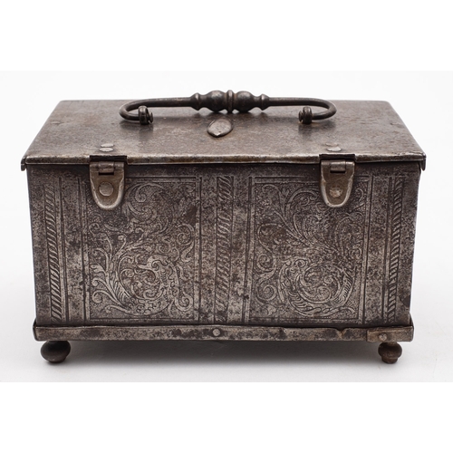 293 - A fine South German etched steel casket, probably Nuremberg, late 16th /early 17th century; the hing... 