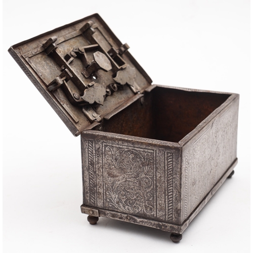 293 - A fine South German etched steel casket, probably Nuremberg, late 16th /early 17th century; the hing... 