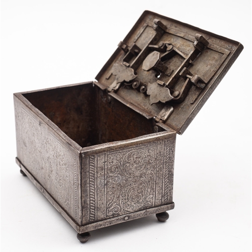 293 - A fine South German etched steel casket, probably Nuremberg, late 16th /early 17th century; the hing... 