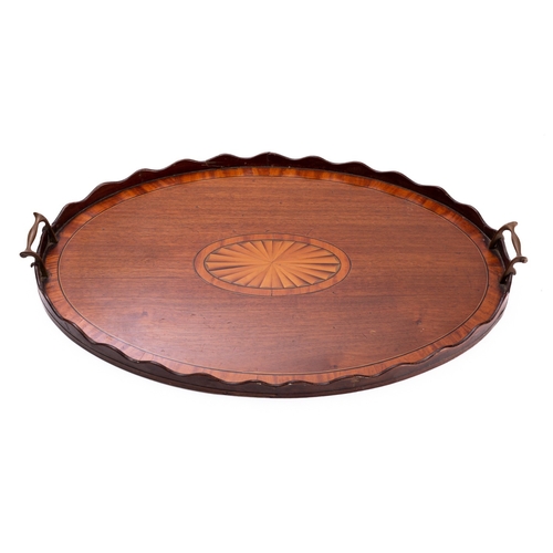 317 - A Sheraton-style inlaid mahogany oval tray and a Georgian-style tray with 'pie-crust' edge, 66 and 6... 