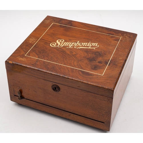 326 - A Victorian walnut cased symphonion, late 19th century; the hinged cover with bone inlay and canted ... 