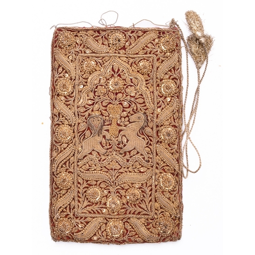 347 - A gold metal thread and sequin embroidered reticule, probably a gaming purse or 'sweete bag', Englis... 