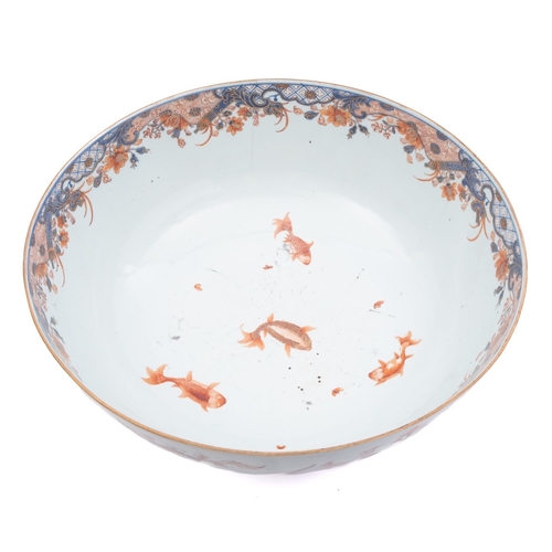 41 - A large Chinese Imari punch bowl, Qianlong the interior painted with four swimming carp,  the exteri... 