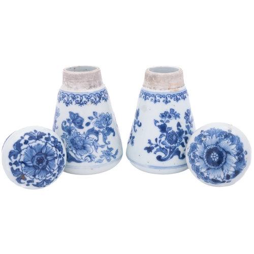 48 - A pair of Chinese blue and white jars and covers of conical form with compressed globular covers, pa... 