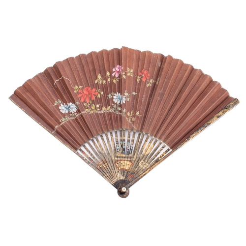 485 - A Chinese painted and decorated lacquer fan, late 19th/early 20th century depicting children playing... 