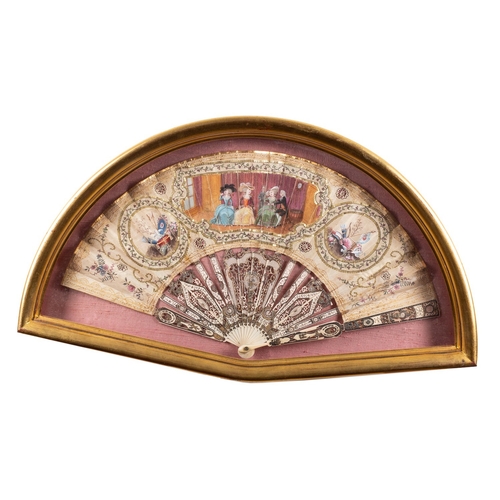 486 - A Chinese Canton painted and decorated lacquer fan, mid 19th century depicting numerous figures on p... 