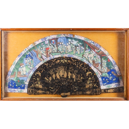 486 - A Chinese Canton painted and decorated lacquer fan, mid 19th century depicting numerous figures on p... 