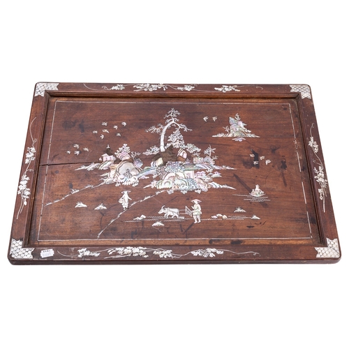 508 - A group of three Oriental trays, late 19th century comprising two Chinese hardwood trays inlaid in m... 