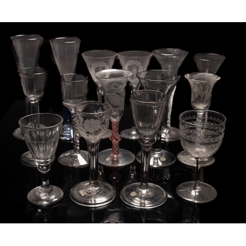 6 - A mixed group of glasses, primarily Dutch including an example with slender bell shaped bowl engrave... 