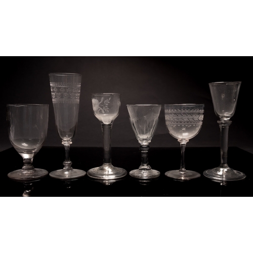 6 - A mixed group of glasses, primarily Dutch including an example with slender bell shaped bowl engrave... 