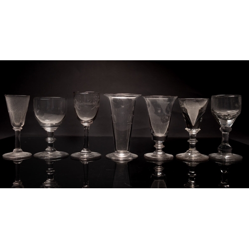 6 - A mixed group of glasses, primarily Dutch including an example with slender bell shaped bowl engrave... 