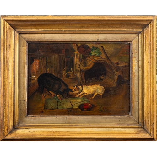 641 - British Naive School, 19th Century - Scene with terriers and a hog - Oil on canvas - 24 x 34cm - 41 ... 