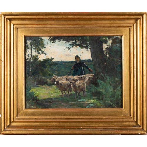 647 - Claude Hayes RI ROI (British, 1852-1922) -  Shepherdess with her flock - Oil on board - 23 x 31.5cm ... 