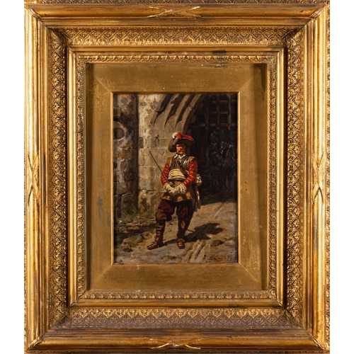 650 - Ernest Crofts RA (British, 1847-1911) -  Cavalier standing before a portcullis -  Oil on panel - 23.... 