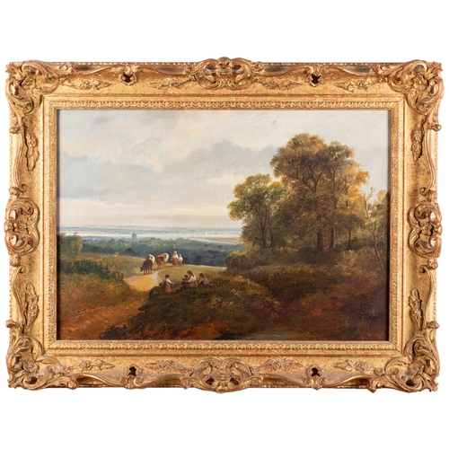 652 - British School, 19th Century - Landscape scene with seated figures and cattle on the road, view of a... 