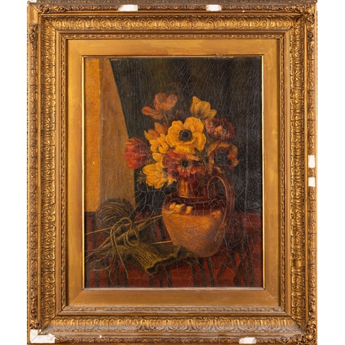 653 - British School, 19th Century - Still life of flowers in a jug and knitted worsted - Oil on canvas - ... 