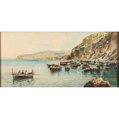 678 - Vincenzo Loria (Italian, 1850-1939) - Amalfi coast with fisherfolk - Watercolour - 23 x 48cm - Signe... 