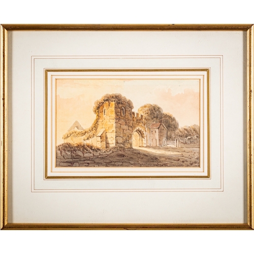 689 - John Laporte (British, 1761-1839) - Castle entrance at sunset - Watercolour - 13.5 x 22cm - 31 x 38.... 