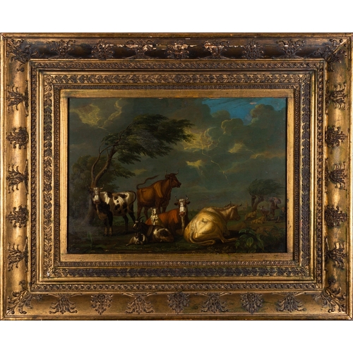 709 - Jan van Gool (Dutch, 1685-1763) - Cows and goats in a stormy landscape - Oil on panel - 30.5 x 43cm ... 