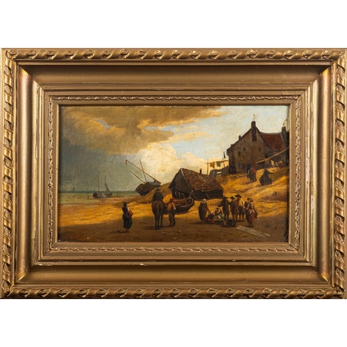 711 - Alfred Boode (German, 1842-1910) - Beach scene with sailboats and figures below cottages - Oil on bo... 