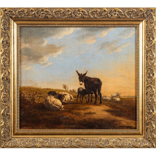 718 - After Paulus Potter (Dutch, 1625-1654) - Donkeys and sheep in a landscape - Oil on canvas- 34.5 x 40... 