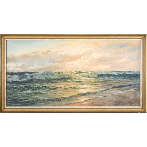 772 - *Edgar Freyberg (German, 1927-2017) - Seascape with waves breaking ashore - Oil on canvas - 49 x 100... 