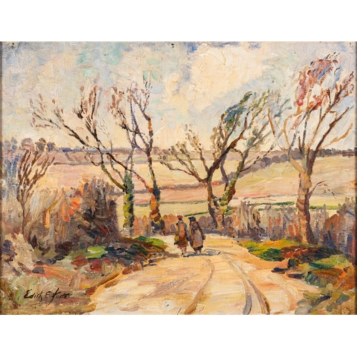 789 - Edith E. Foster (British, 1879-1973) - Landscape scenes with a wooded road and a field - Pair of oil... 