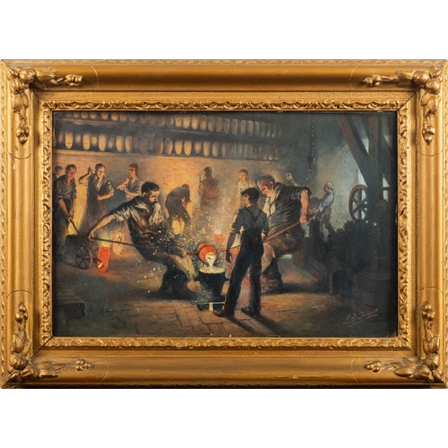 791 - Edward Frederick Skinner (British, 1865-1924) - Workers in a foundry - Oil on board - 30 x 46cm - Si... 