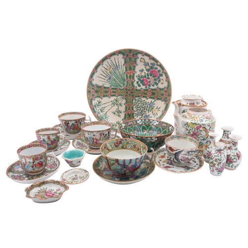 83 - A group of Chinese Canton famille rose porcelain tea and other wares, late Qing Dynasty enamelled in... 