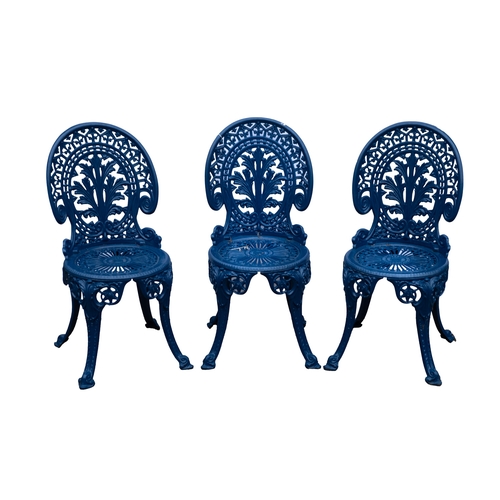 1182 - A set of three blue painted metal garden chairs, in mid 19th century taste; modern; with openwork fo... 