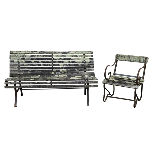 1188 - A wrought iron and slatted wood garden bench, 20th century, 80cm high, 153cm wide; and an associated... 