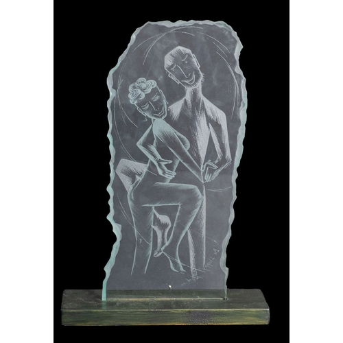 14 - Jenny Clark [Contemporary] 'Be Happy', a stippled engraved glass plaque of a couple dancing, caption... 