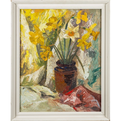 160 - British School, 20th Century - Still life of daffodils - Oil on board - 49 x 39cm - Signed 'P. Crock... 