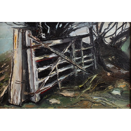 182 - *Anthony Rossiter (British, 1926-2000) - Leaning Gate by River - Oil on board - 24 x 37cm - 35.5 x 4... 