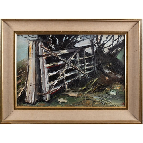 182 - *Anthony Rossiter (British, 1926-2000) - Leaning Gate by River - Oil on board - 24 x 37cm - 35.5 x 4... 